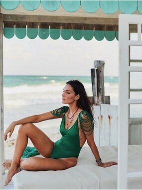 Green One-Piece Mena Swimwear with Decorative shoulder Strap Detail